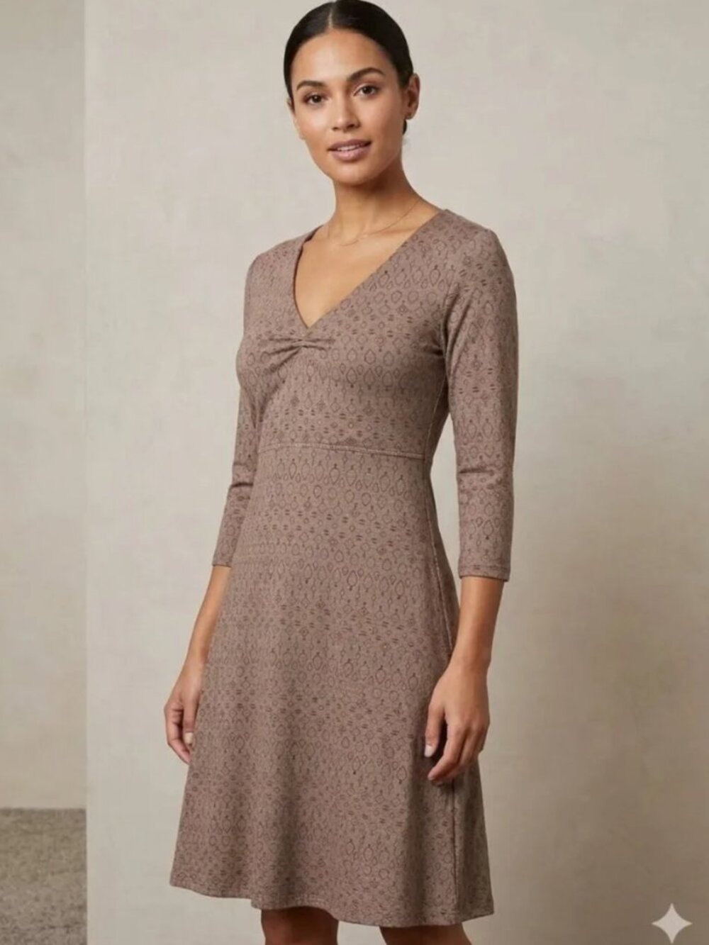 Toad & Co Rosalinda A Line Dress L Taupe Brown Geometric Print Organic Cotton